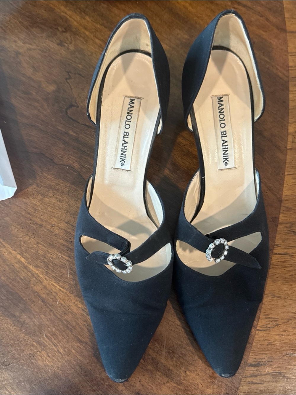 Manolo Blahnik Black Pointed D'Orsay Pumps with Crystal Buckle Accent